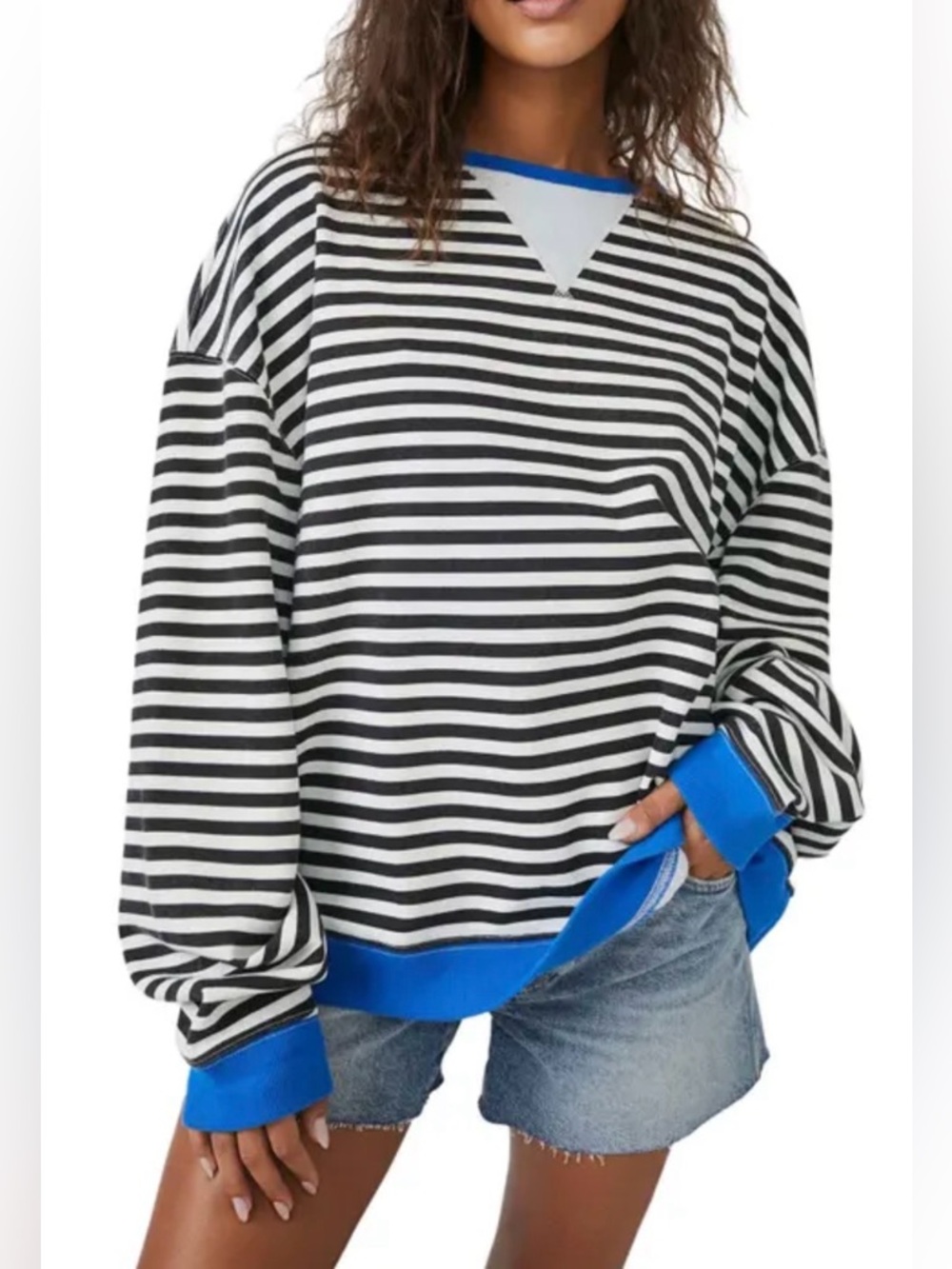 Free People Black and White Striped Crewneck Sweater with Blue Trim